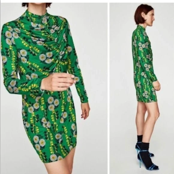 Zara | Dresses | Zara Green Floral Mock Neck Long Sleeve Ruched Mini Dress  | Poshmark